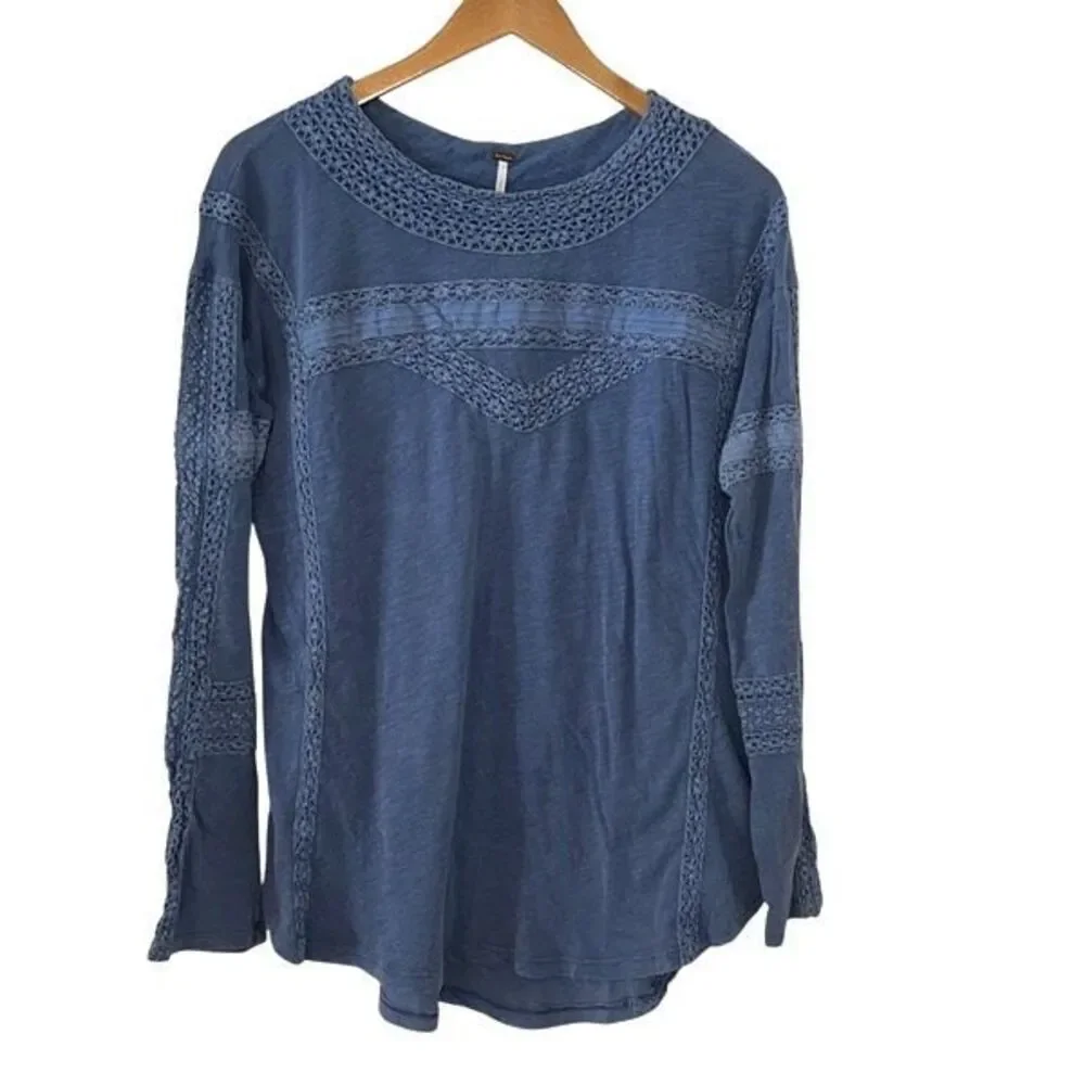 Free People Womens Boy Meets Girl Crochet Long Sleeve Top Pacific Coast‎ XS NWT